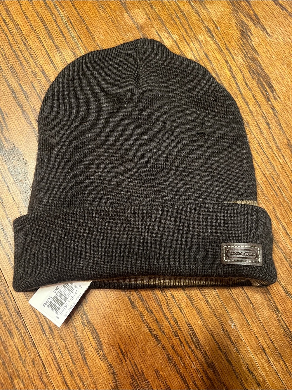 Coach Black Knit Cuffed Beanie with Leather Logo Patch